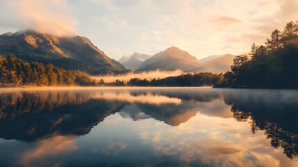 Fototapeta premium a serene lake reflects the surrounding mountains and trees, bathed in the soft light of sunrise or sunset. Calm water mirrors the sky and landscape