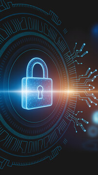 Digital padlock illustration within a circular technological design, symbolizing data protection, cybersecurity, and digital security