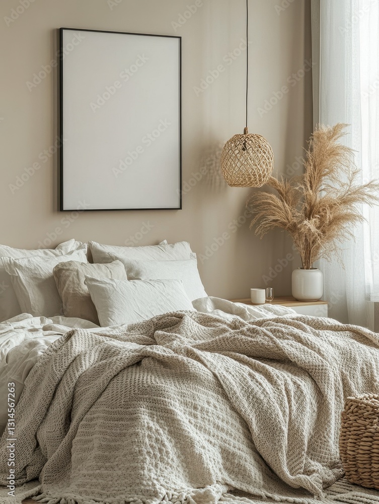 Poster Serene bedroom interior with cozy bed frame and decorative elements creating a calming and inviting atmosphere for relaxation and rest