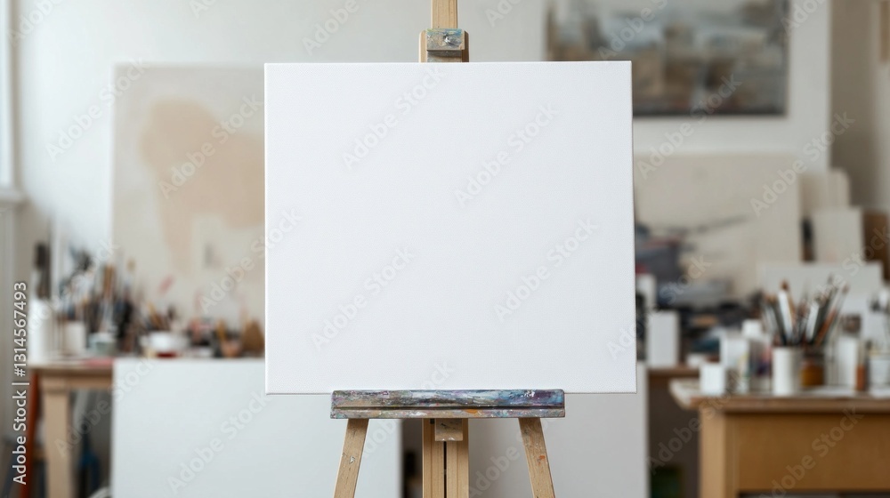 Poster an artist's studio buzzes with potential as a blank canvas stands ready on an easel. surrounding it,