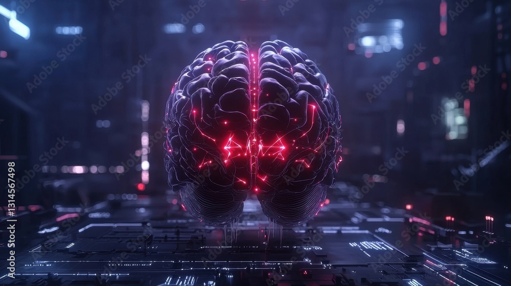 Poster digital brain with glowing neural pathways, futuristic ai and deep learning visualization