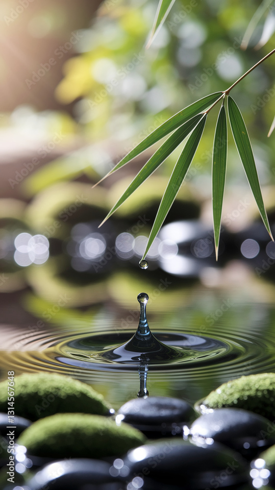 Poster water drop falling on calm water surface, surrounded by smooth stones and bamboo leaf, creating a tr