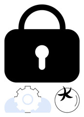 Large padlock symbolizing data protection, gear for system processes, globe for global impact. Ideal for cybersecurity, privacy, technology, global networks, data management, innovation flat simple