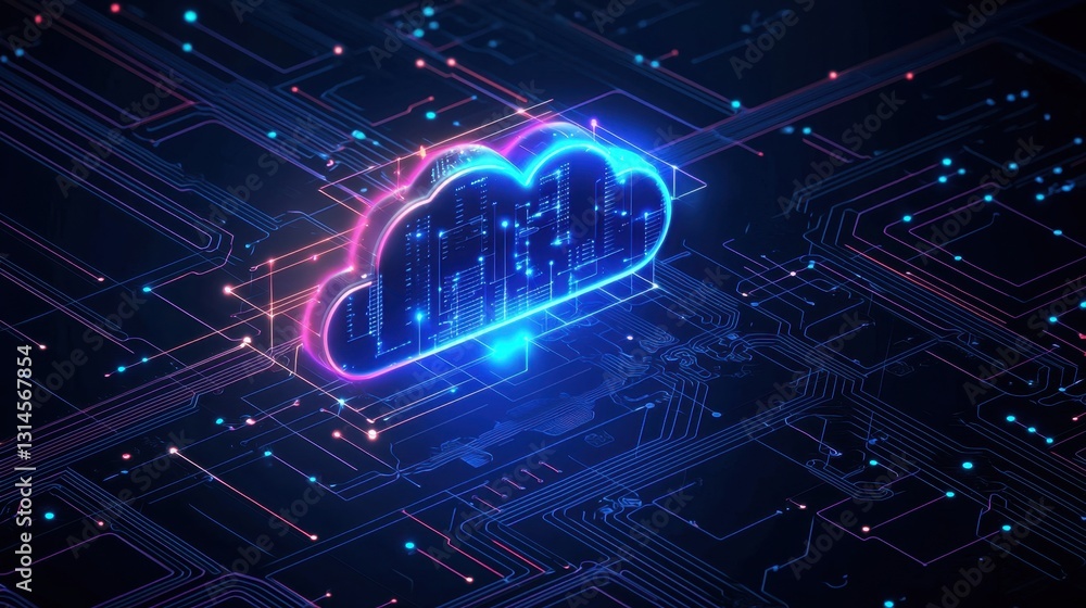 Poster digital cloud computing background with glowing data streams and futuristic server connections