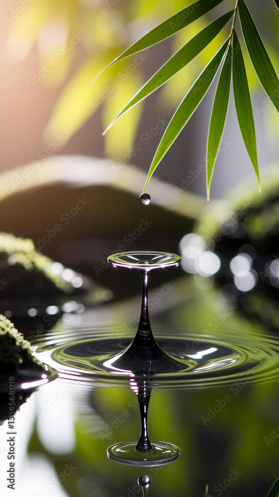 Poster water drop impacting still water, creating a crown shape reflection. green leaf and rocks in backgro