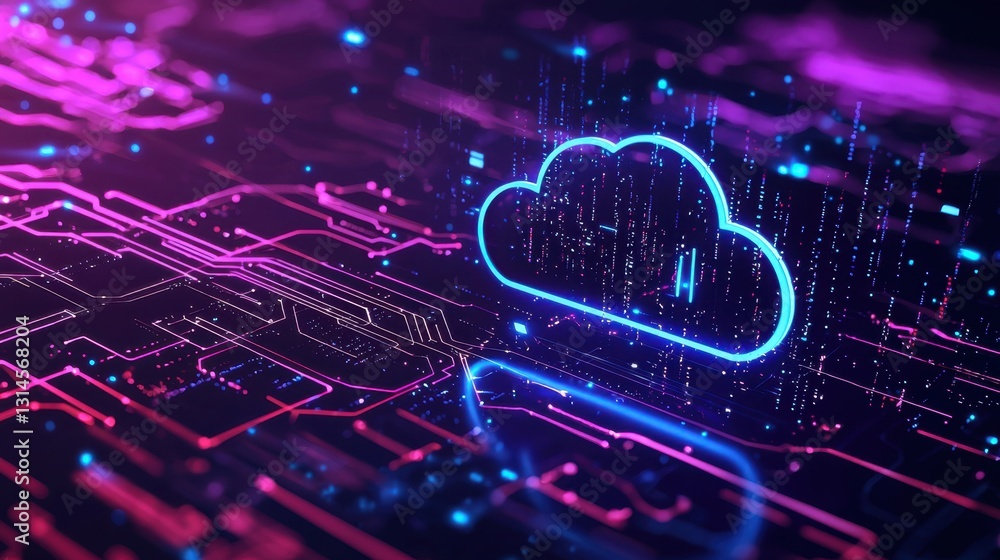 Poster digital cloud computing background with glowing data streams and futuristic server connections