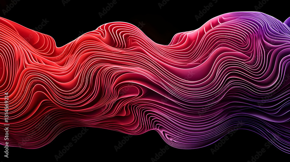 Poster dynamic flowing 3d abstract wave in red and purple gradient against black background