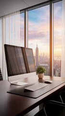 Modern office desk setup showcasing a computer, keyboard, mouse, and plant against a city skyline backdrop viewed through large windows, representing productivity, success, and modern workspace design