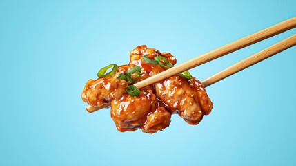 Delicious Orange Chicken Served with Chopsticks on Blue Background