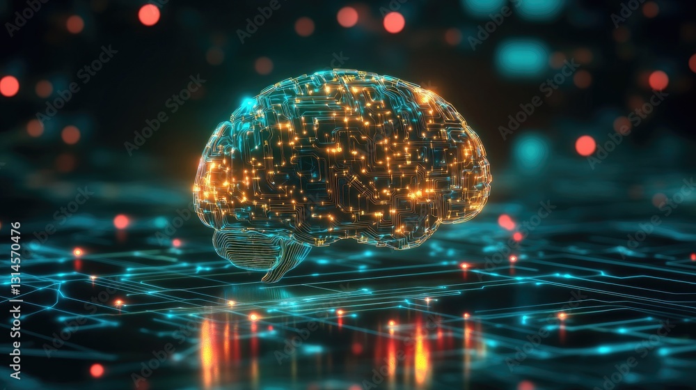 Poster an artistic depiction of a human brain made of interconnected digital circuits and glowing lines, sy