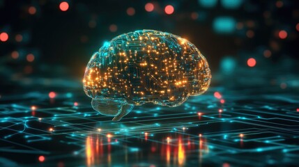 An artistic depiction of a human brain made of interconnected digital circuits and glowing lines, symbolizing advanced technology and artificial intelligence.