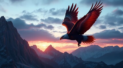 Obraz premium Majestic Eagle Soaring High: A stunning eagle soars gracefully through a vibrant, colorful sky, its powerful wings catching the light as it surveys the majestic landscape.