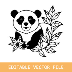 Serene Panda Holding Flowers A Black and White Silhouette Illustration