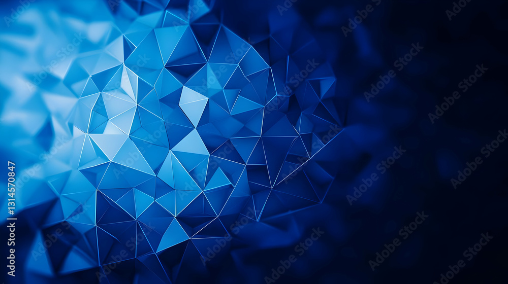 Poster abstract 3d geometric background in dark and light blue with triangles and depth of field effect