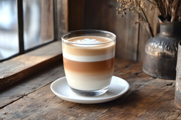 A cup of coffee on a wooden table, steam spiraling upwards, surrounded by scattered coffee beans and a vintage newspaper. Morning light filters in from a nearby window.