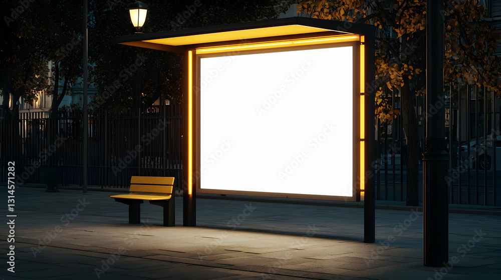 Poster illuminated blank billboard at night with empty frame at bus stop with bench in city park for advert