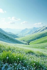 Fototapeta premium A blanket of snow covers the rolling hills and vast fields of emerald grass, snowy field, landscape