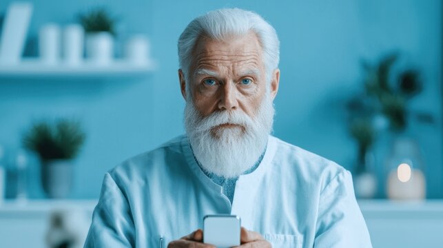 Elderly man checking his glucose levels with a smart medical device