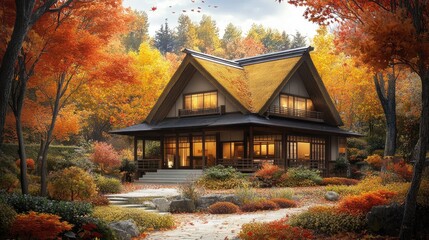 An artistic view of a Japanese-style house during autumn, with colorful maple leaves falling around the property and a traditional thatched roof blending with the natural scenery.