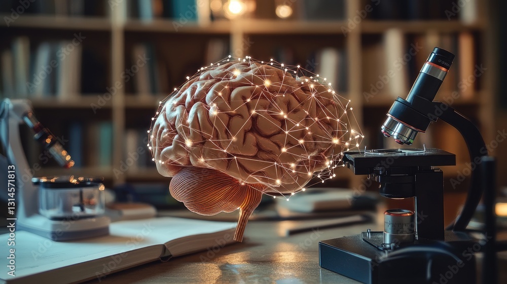 Poster an image of a brain model with various neurological connections highlighted, placed on a desk with e