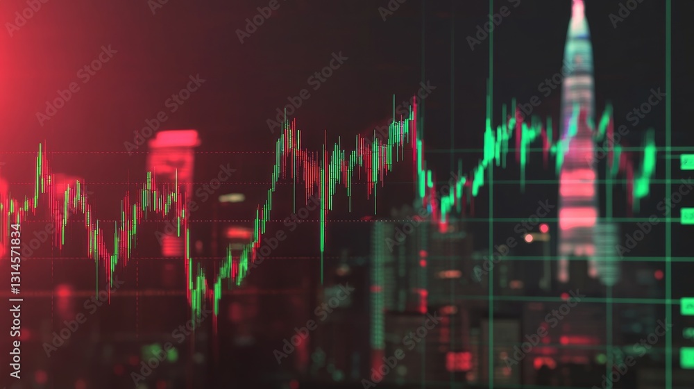 Poster an image of a stock chart with a red and green color scheme indicating market fluctuations, with a b