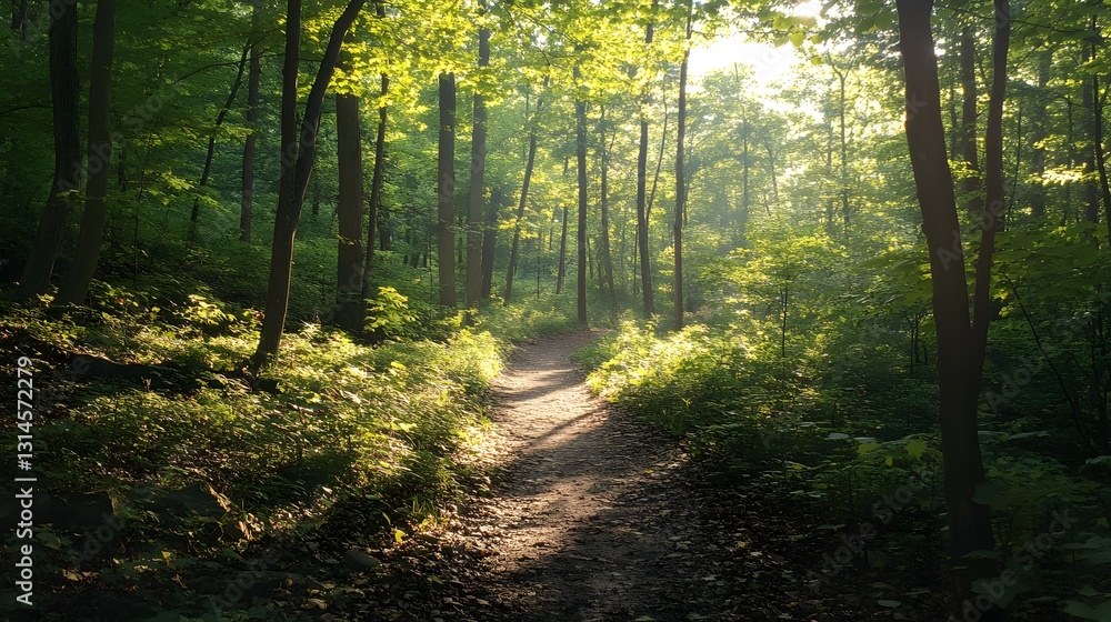 Poster a pathway through a lush green forest with sunbeams filtering through the leaves, creating a magical