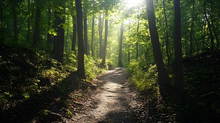 Obraz premium a sunlit path winding through a vibrant green forest. The sunlight streams through the trees, creating a magical and inviting atmosphere