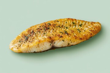 Fototapeta premium A single cooked fish fillet placed on a light green surface
