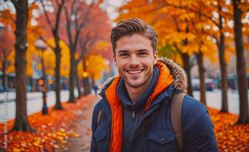 Poster man wearing a blue jacket and orange scarf is smiling in front of a tree. the autumn leaves are fall