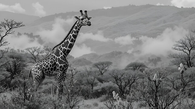 Giraffe, Giraffa camelopardalis, in a black and white scenic setting.