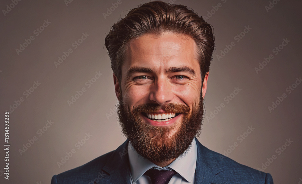 Poster man with a beard and a smile on his face. he is wearing a suit and tie