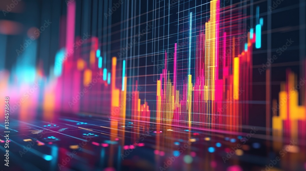 Poster a d animated bar chart displayed on a large screen, showing real-time financial data and trends, wit