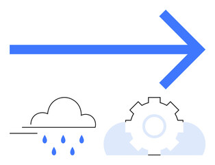 Blue arrow pointing forward above rain cloud and gear, symbolizing progress, innovation, and transformation. Ideal for development, technology, change, growth productivity and sustainability. Flat
