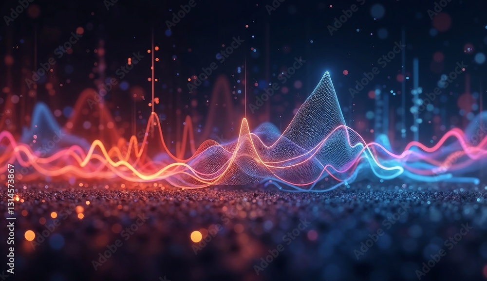 Poster a time-lapse of a dynamic line graph with multicolored streaks of light tracing the trends, captured