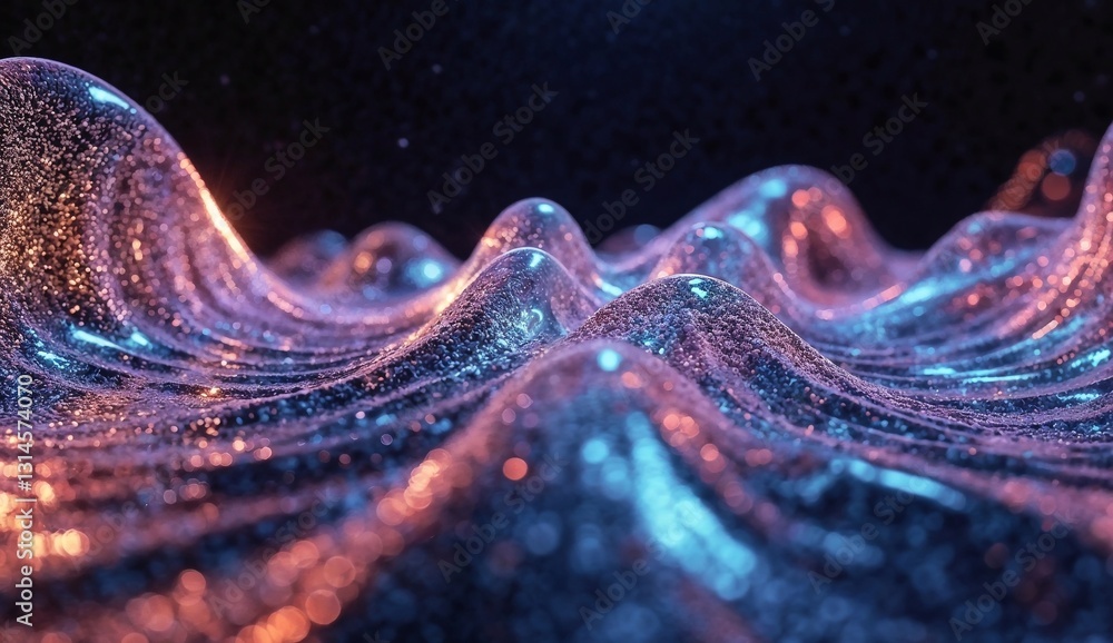 Poster a surreal abstract visualization of a fluctuating data stream, rendered as liquid metal waves in shi