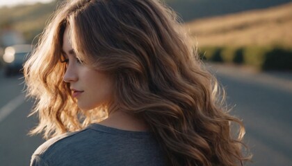 Fototapeta premium Close-Up Portrait of a Young Woman with Soft, Flowing Wavy Hair Emphasizing Natural Texture and Effortless Style