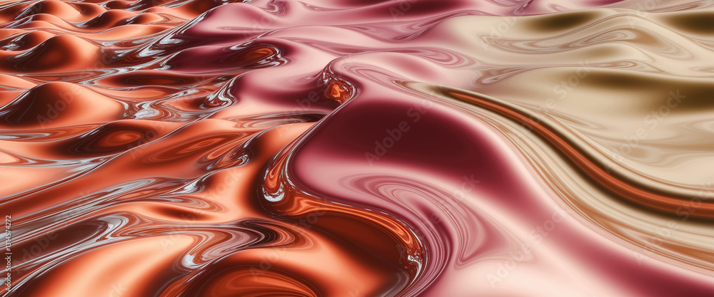 Poster abstract image of flowing, glossy waves in bronze, copper, and beige tones, creating a luxurious and