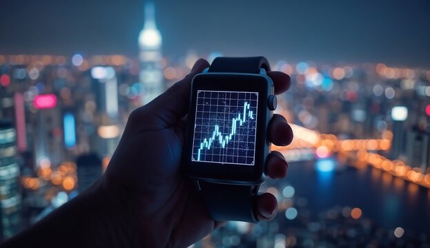 A close-up of a high-tech smartwatch displaying a sleek financial graph in ultra-HD clarity, reflecting the city skyline at night.