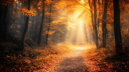 sunlight shining through a forest path in autumn, with golden leaves, creating a magical atmosphere