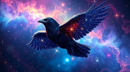 Fototapeta premium Celestial Raven Soaring: A mystical raven, its feathers adorned with cosmic stardust, glides gracefully against a vibrant nebula backdrop, evoking a sense of wonder and fantasy. 