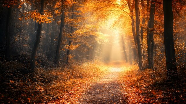 sunlight shining through a forest path in autumn, with golden leaves, creating a magical atmosphere