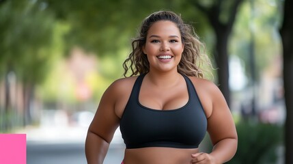 curvy woman jogging through tree-lined city street in sports outfit