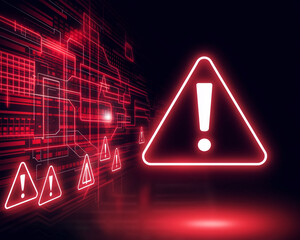 Red neon warning sign with exclamation mark on dark digital background, symbolizing alert, risk, or error in technology or cybersecurity