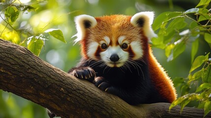 Fototapeta premium Adorable red panda resting on a tree in a lush green forest.