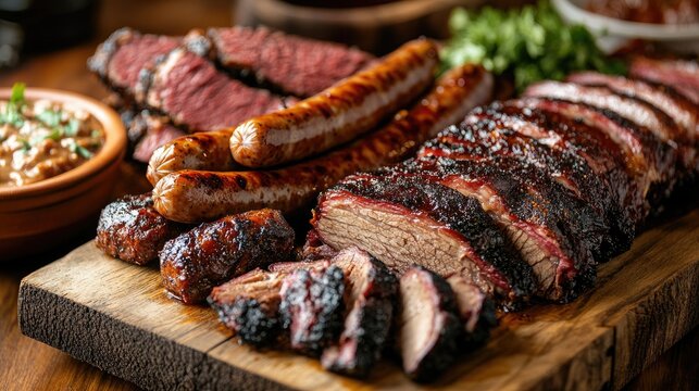 A close-up of a meat lover's platter with an assortment of cooked meats, including beef brisket, grilled sausages, and barbecued ribs, arranged on a wooden board.