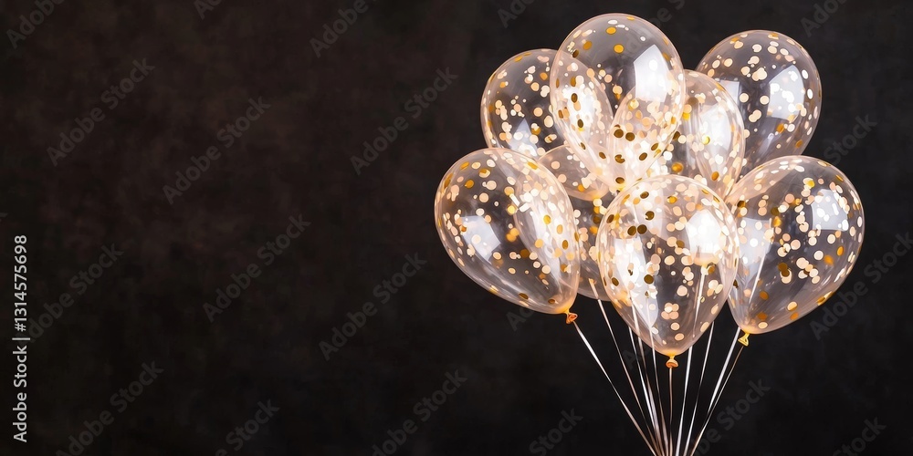 Poster a cluster of transparent balloons filled with confetti, floating against a dark background, creating