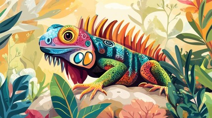 Colorful iguana among vibrant tropical foliage and flowers.
