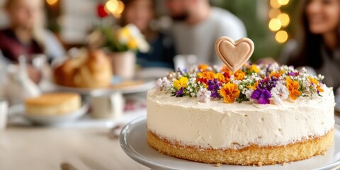 celebratory family event, a sharply focused homemade cake adorned with delicate floral decorations and a heart-shaped topper, with a warm family gathering in the background
