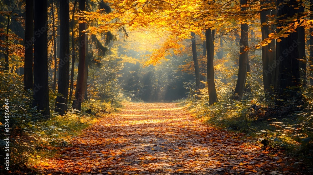 Poster a picturesque pathway through an autumn forest, with sunlight filtering through the trees creating a