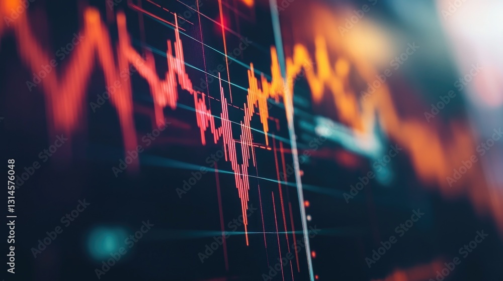 Poster a close-up of a stock market chart with fluctuating lines and candlestick patterns on a computer scr
